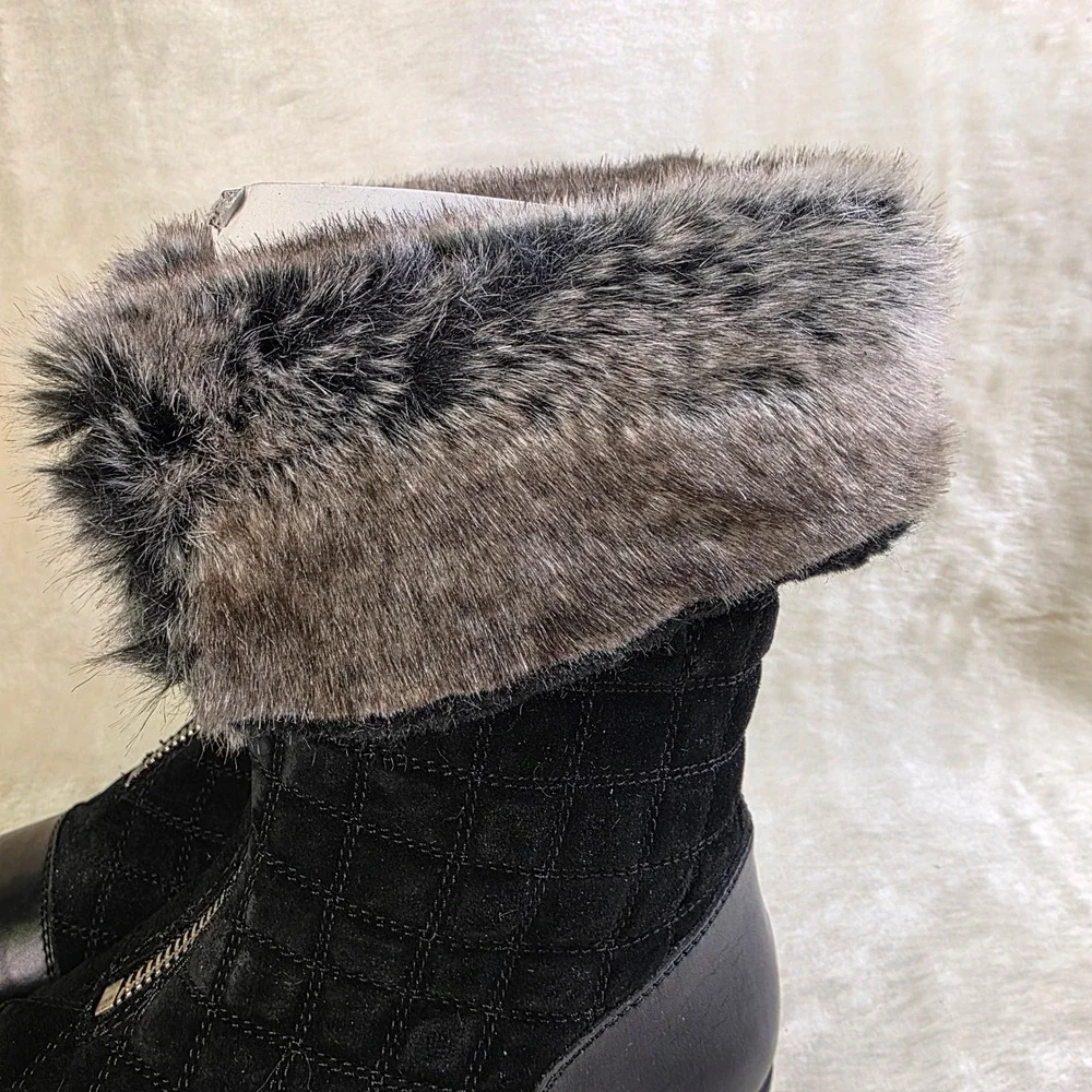 Aquatalia Quilted Mid Calf Snow Boots Faux Fur Trim Black Front Zip Women 7